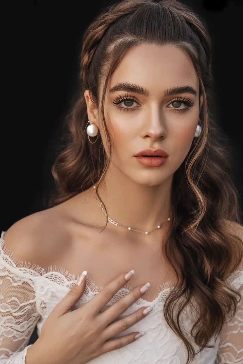 Stylish half up half down hairstyles 2026 Braided Front Lift With Glossy Wedding Waves