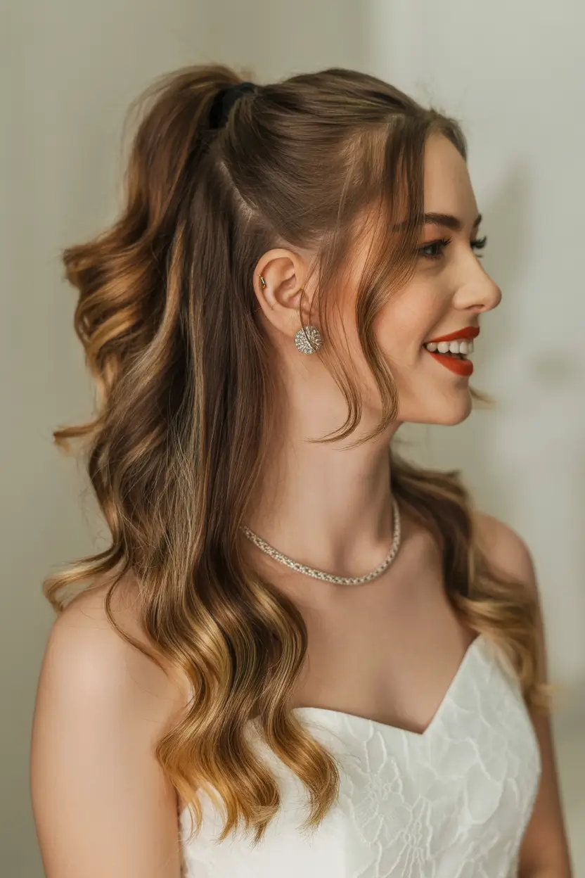 Stylish half up half down hairstyles 2026 Sculpted Half Pony With Glossy Cascading Waves