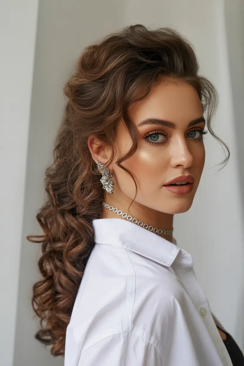 Stylish half up half down hairstyles 2026 Voluminous Curly Sweep With Romantic Height