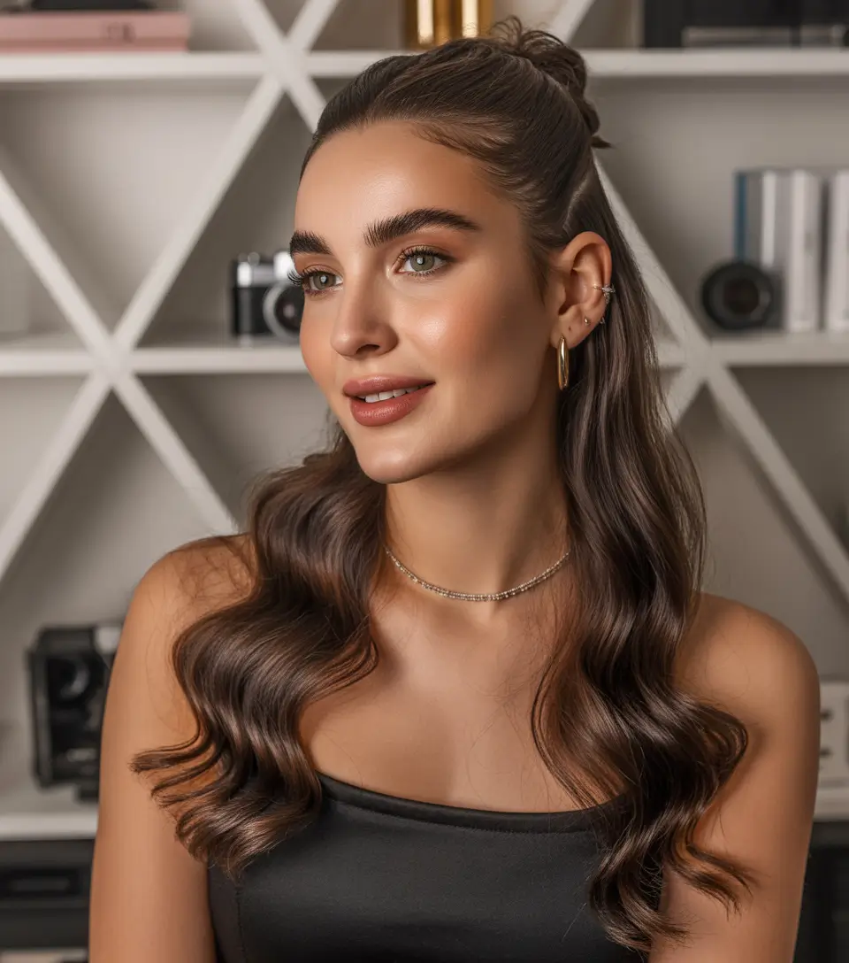 Stylish half up half down hairstyles 2026 Modern Mini Top Knot With Sculpted Chocolate Waves