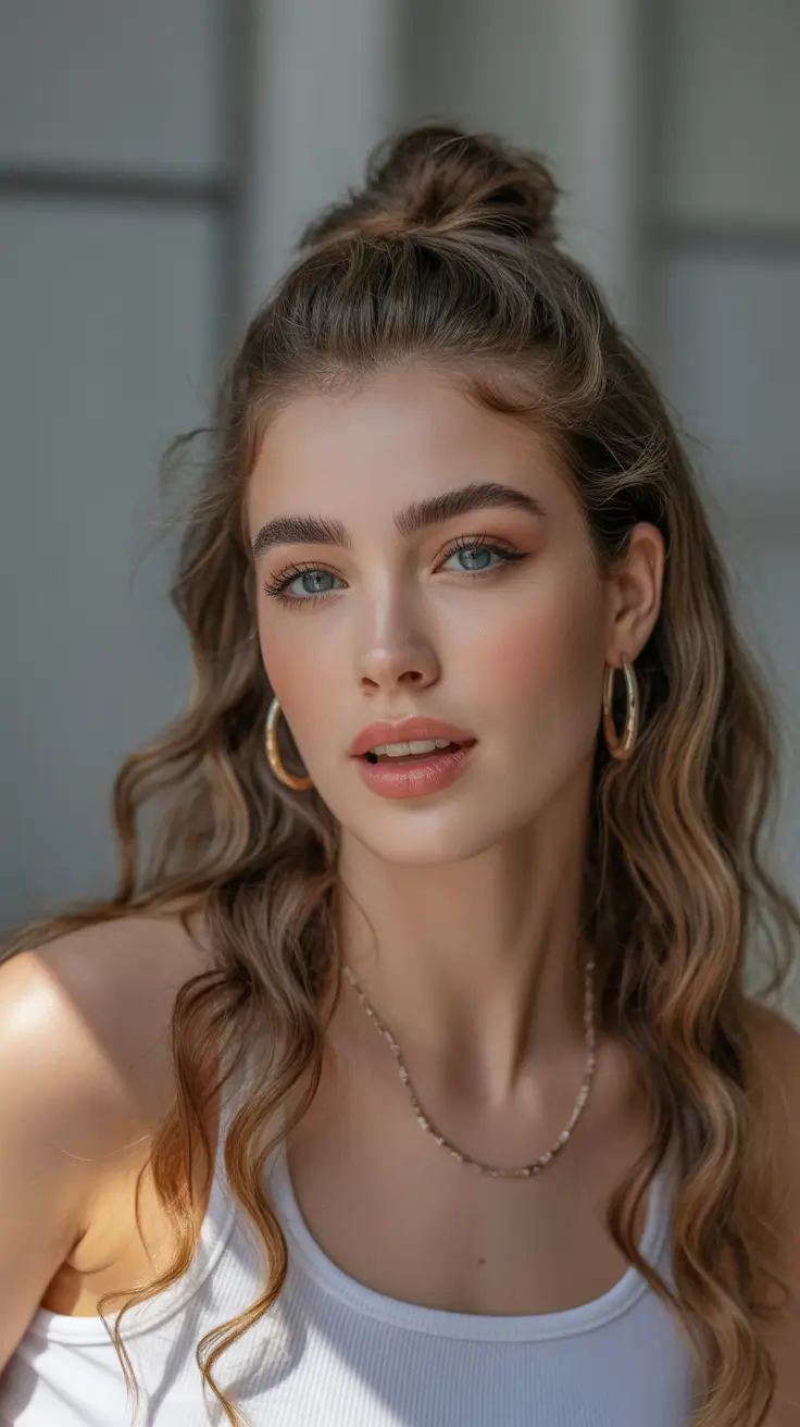 Stylish half up half down hairstyles 2026 Soft Mini Top Knot With Sunlit Waves