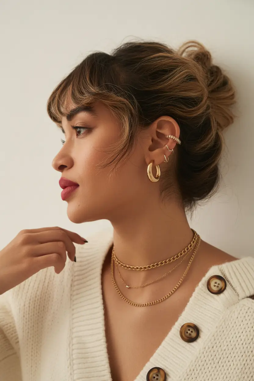 Stylish half up half down hairstyles 2026 Loose Textured Half Bun With Soft Fringe Contour