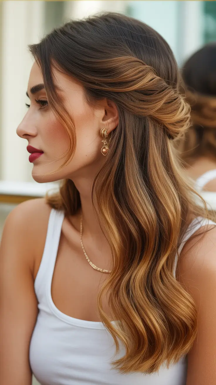 Stylish half up half down hairstyles 2026 Twisted Back With Warm Dimensional Waves
