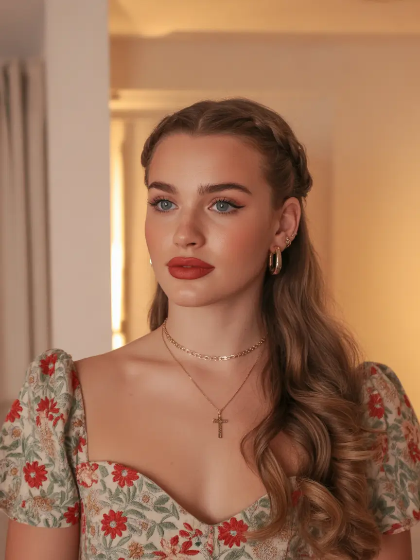 Stylish half up half down hairstyles 2026 Braided Crown Lift With Soft Romantic Waves