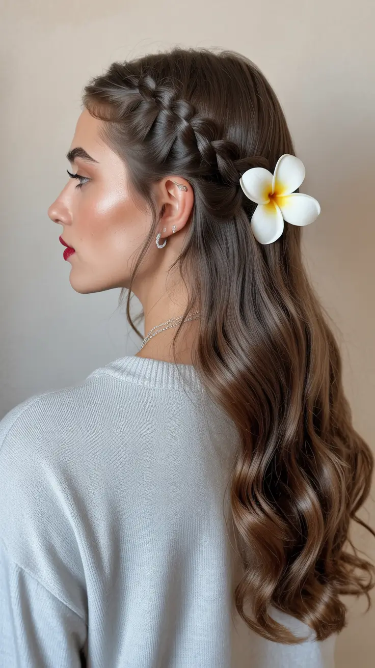 Stylish yet easy hairstyles 2026 Side Braided Cascade With Floral Accent