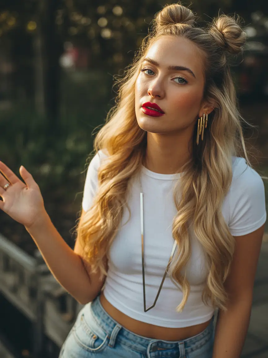 Stylish yet easy hairstyles 2026 Double Mini Buns With Loose Cascading Lengths