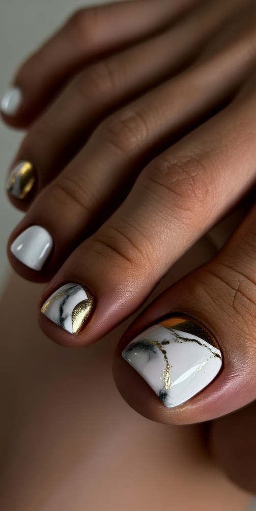 toe nails colors 2026 marble white gold accent