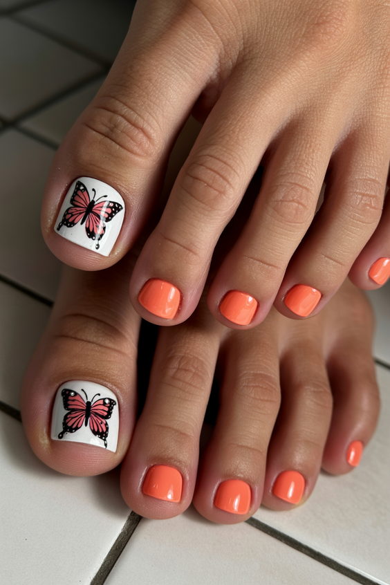 toe nails colors pink summer butterfly design