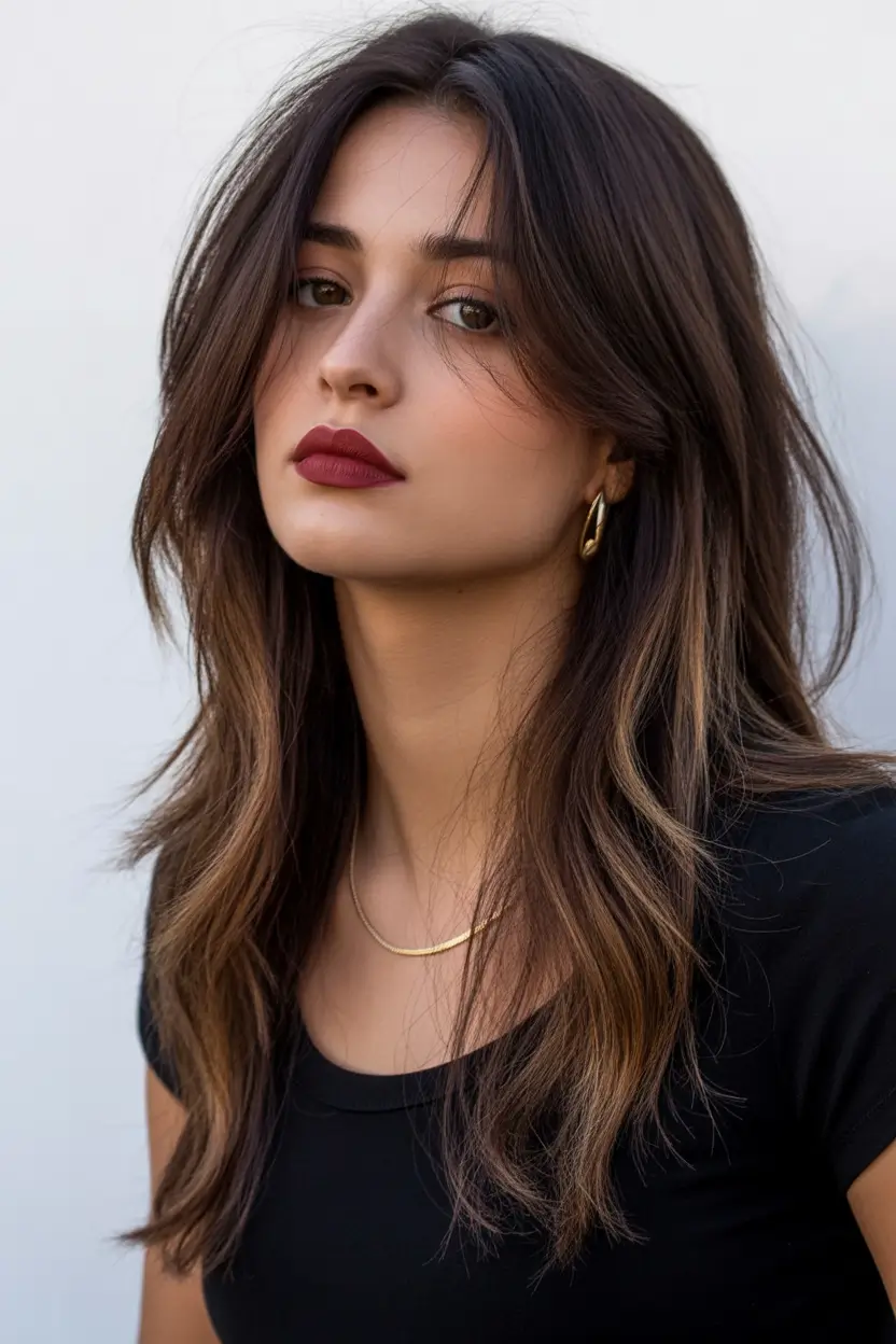 Top haircuts for long hair 2026 Smoky Brunette Layers With Delicate Curtain Opening