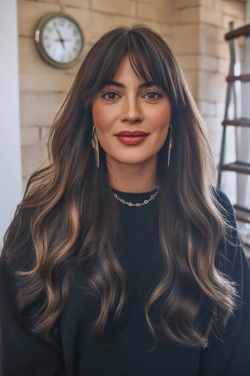 Top haircuts for long hair 2026 Long Cascading Waves With Soft Curtain Fringe