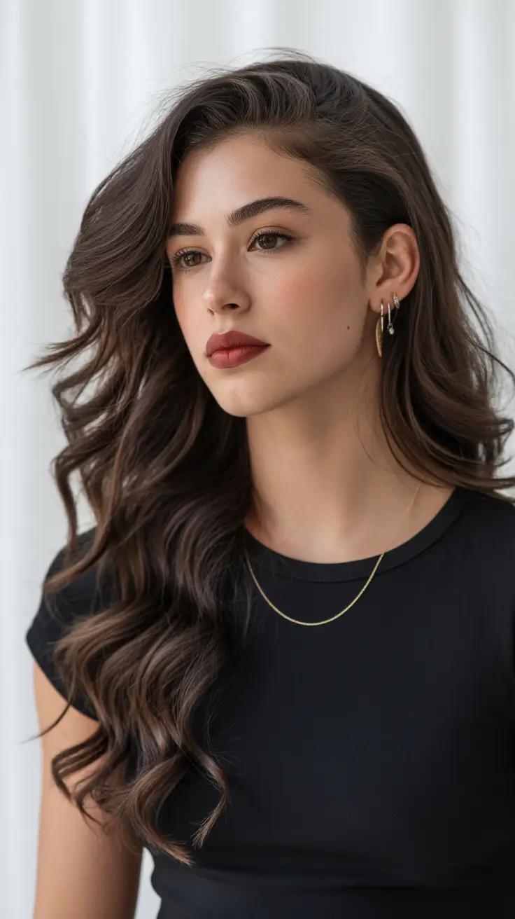 Top haircuts for long hair 2026 Voluminous Side Swept Waves With Glossy Finish