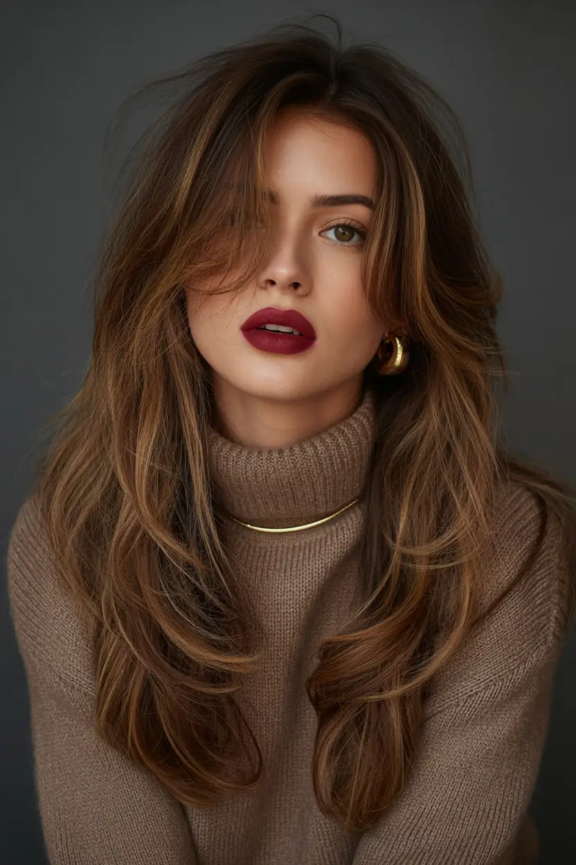 Top haircuts for long hair 2026 Layered Honey Brunette With Soft Flicked Shape