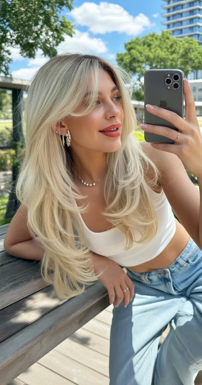 Top haircuts for long hair 2026 Sunlit Platinum Layers With Airy Curtain Shape