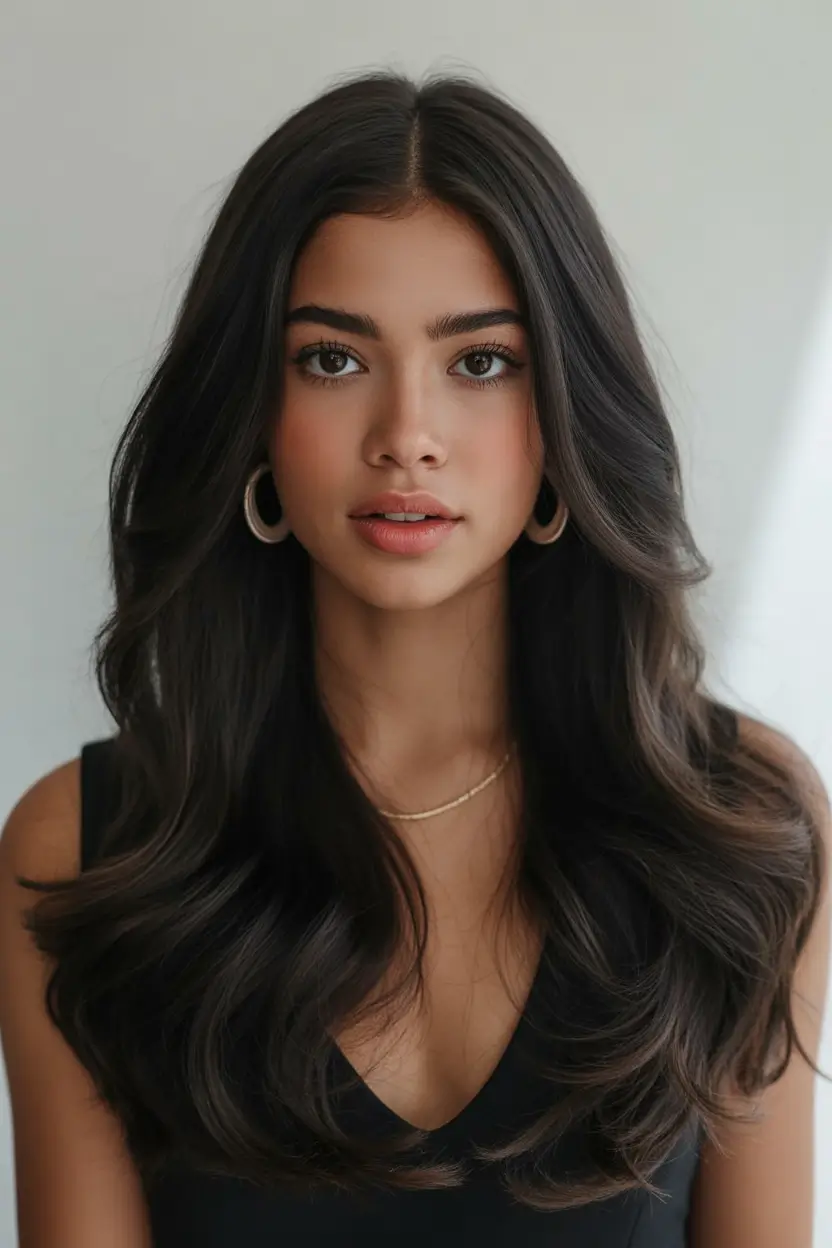 Top haircuts for long hair 2026 Glossy Dark Waves With Modern Face Framing