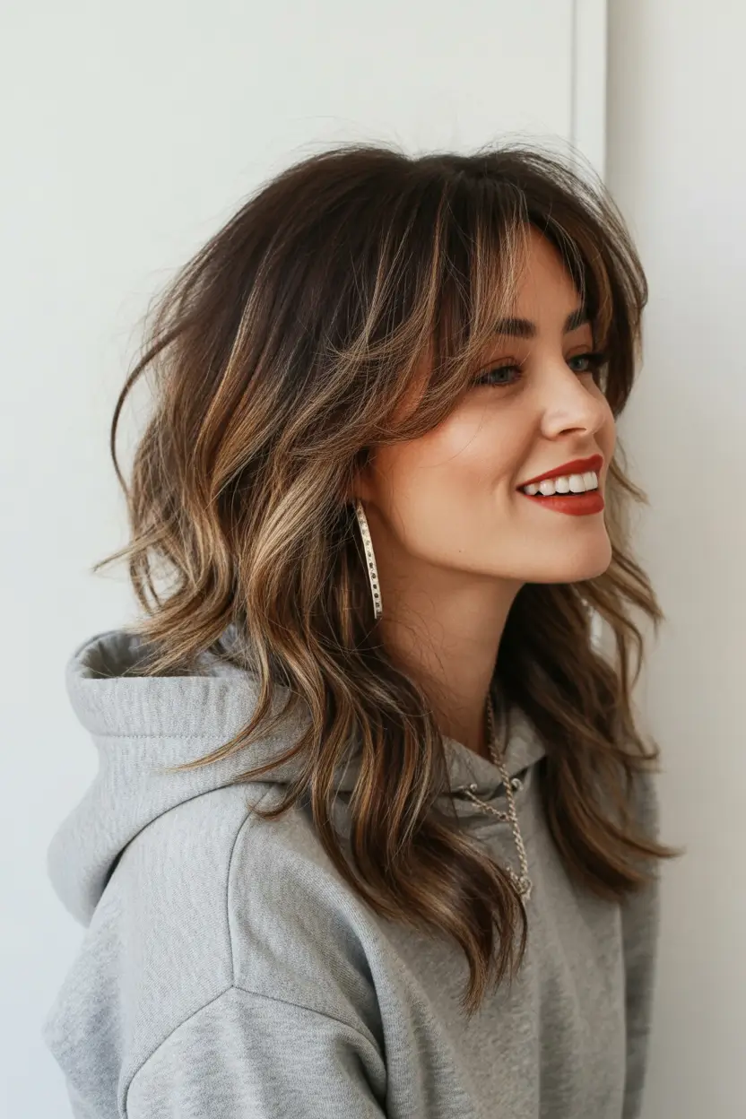 Top haircuts for long hair 2026 Layered Brunette Waves With Feathered Curtain Bangs