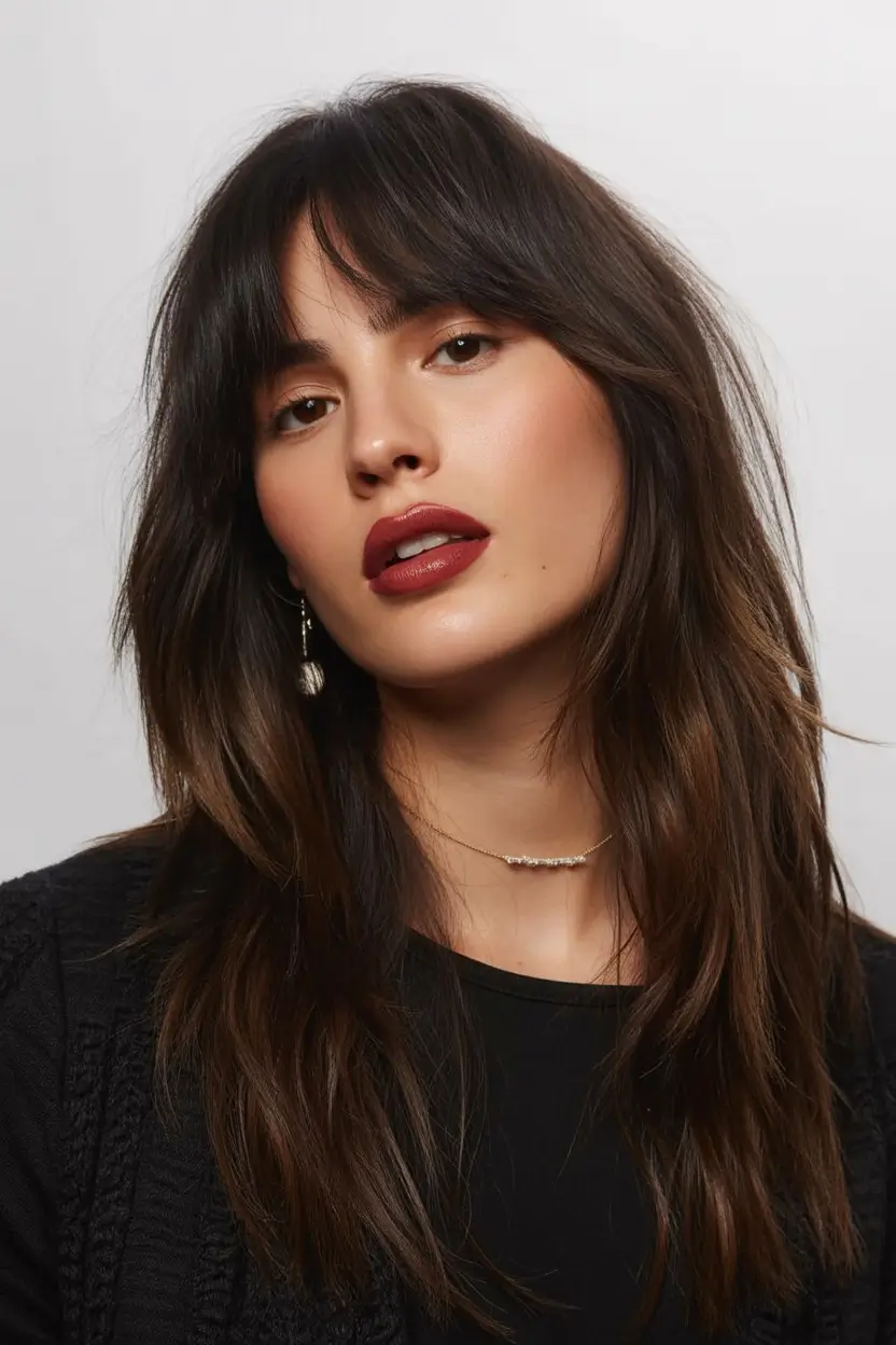 Top haircuts for long hair 2026 Deep Chocolate Layers With Soft Fringe