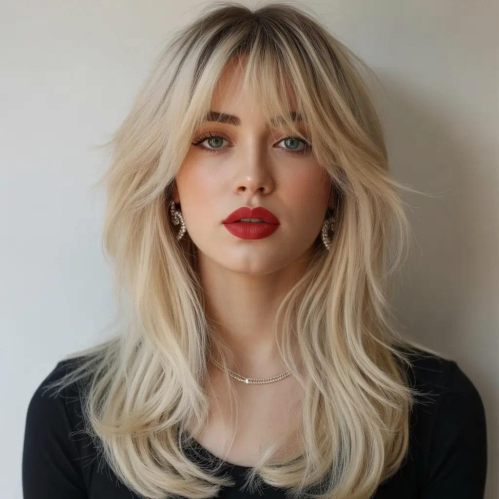 Top haircuts for long hair 2026 Bright Blonde Butterfly Layers With Baby Fringe