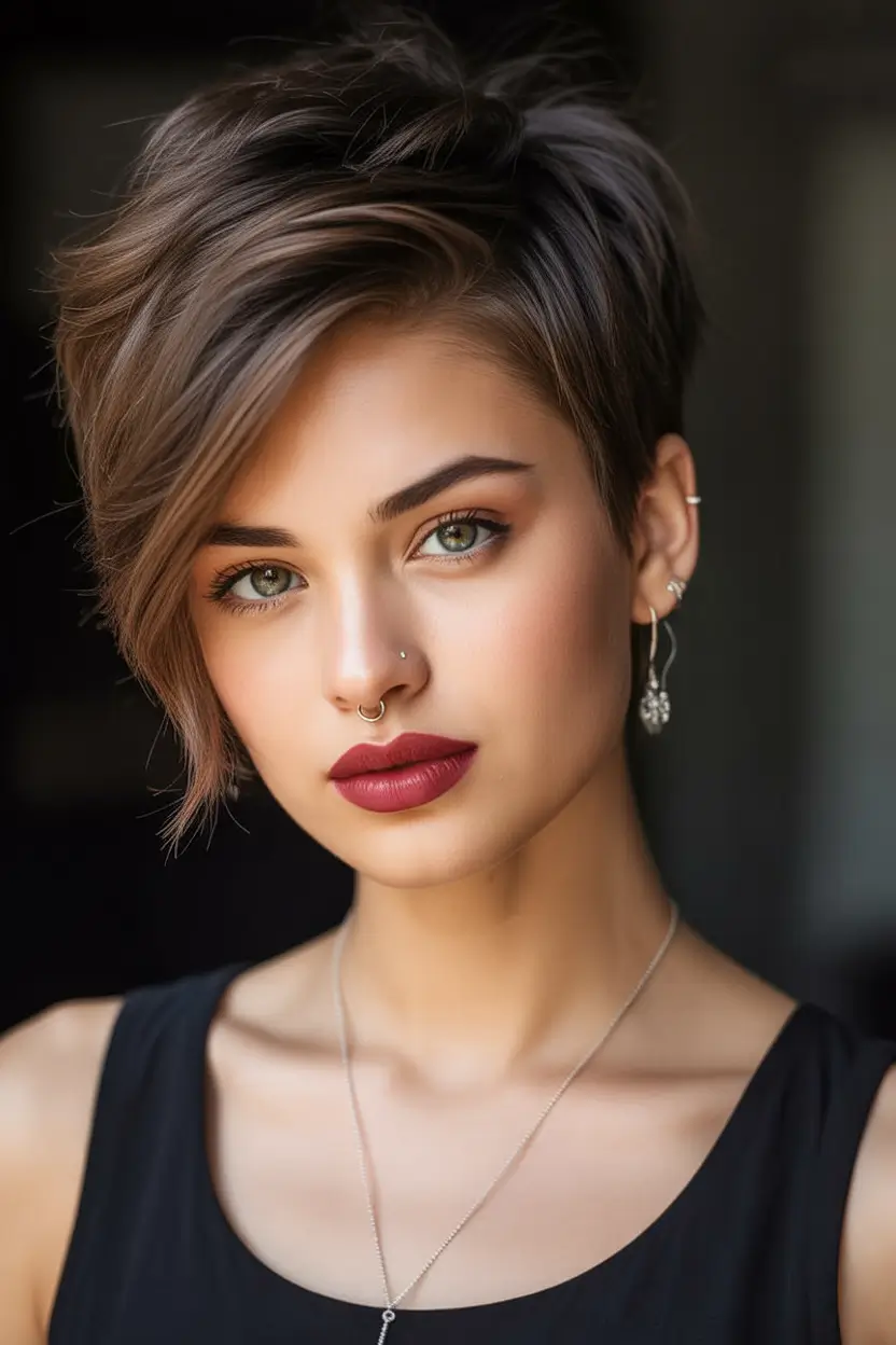 Trendy asymmetrical pixie haircuts 2026 Mocha Pixie With Tapered Asymmetry