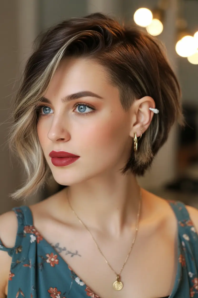 Trendy asymmetrical pixie haircuts 2026 Side Swept Brunette Pixie Bob With Understated Undercut