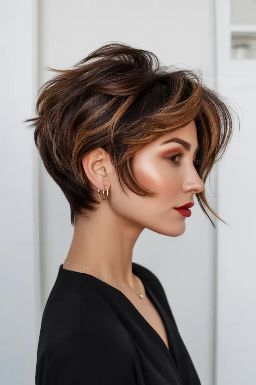 Trendy asymmetrical pixie haircuts 2026 Textured Brunette Pixie With Caramel Ribbons And Lifted Crown