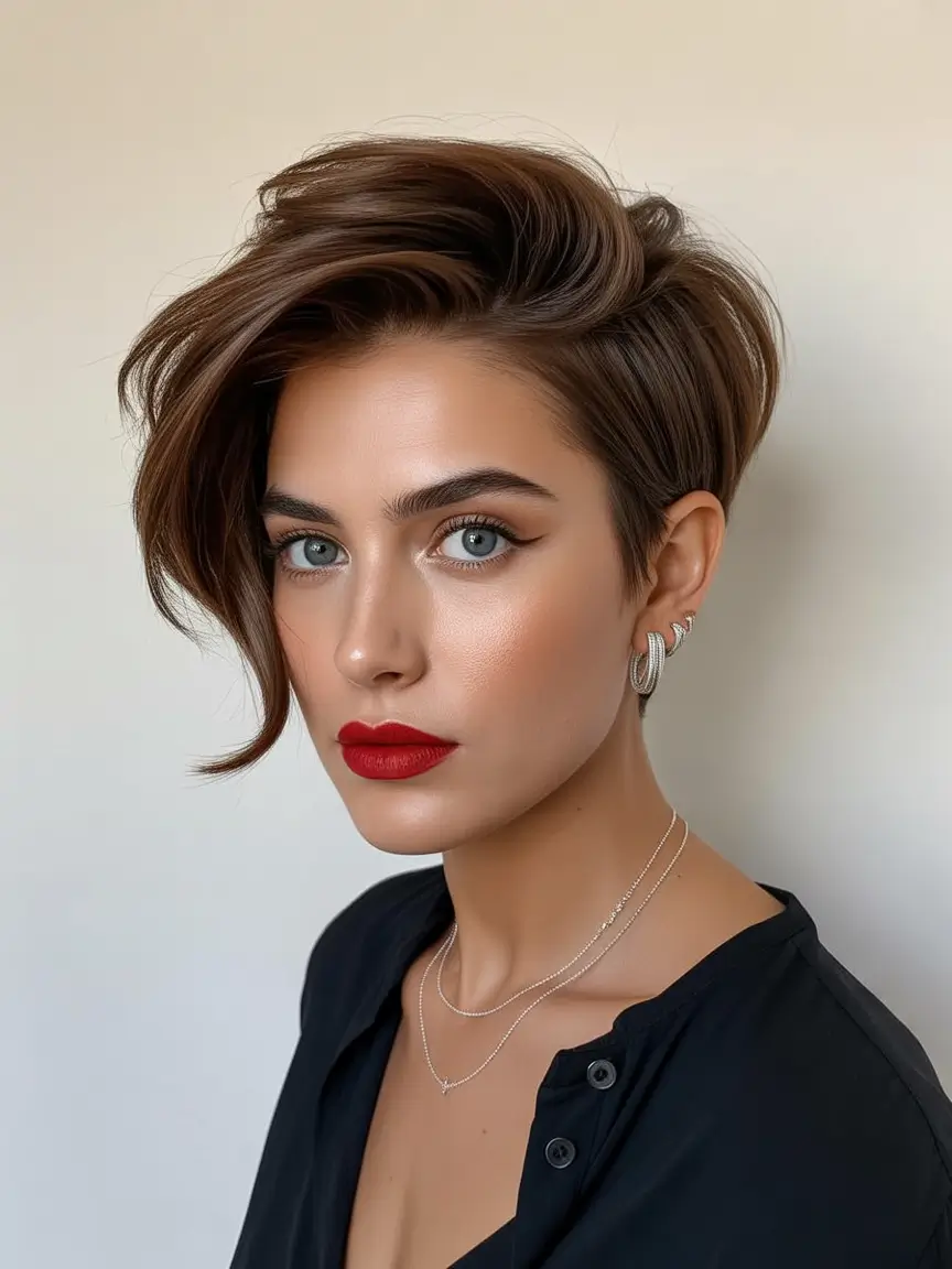 Trendy asymmetrical pixie haircuts 2026 Glossy Chestnut Asymmetrical Pixie Bob With Structured Sweep