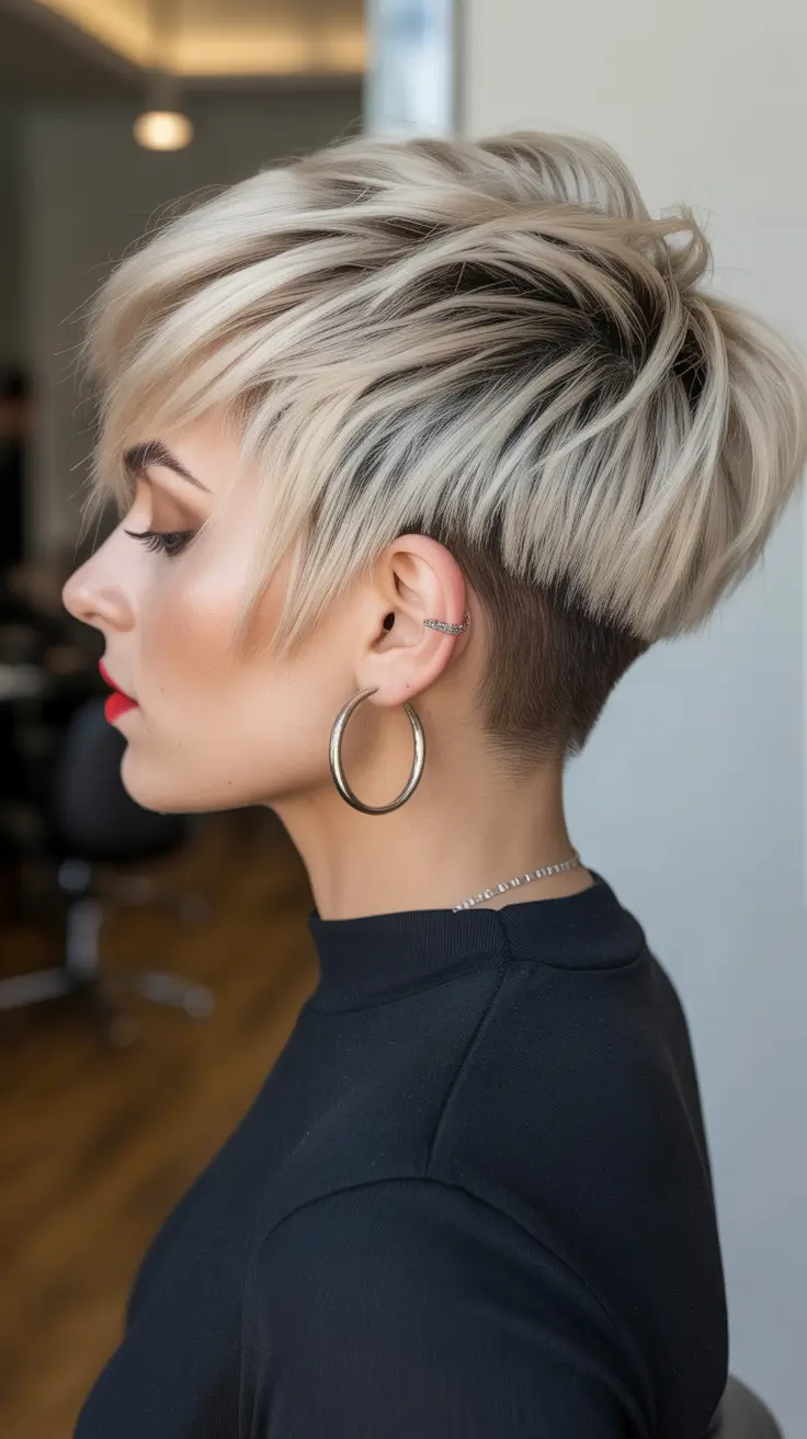 Trendy asymmetrical pixie haircuts 2026 Blonde Undercut Pixie With Dramatic Long Bangs
