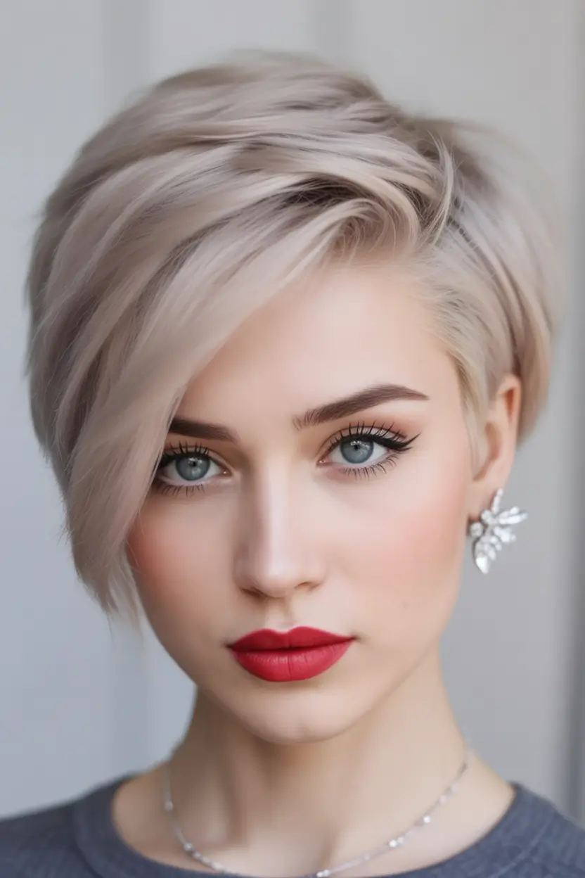 Trendy asymmetrical pixie haircuts 2026 Platinum Sleek Pixie Bob With Clean Angled Sweep