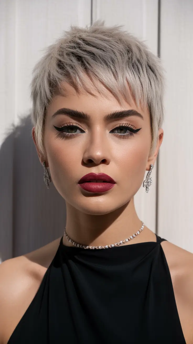 Trendy asymmetrical pixie haircuts 2026 Choppy Platinum Pixie With Spiky Dimension