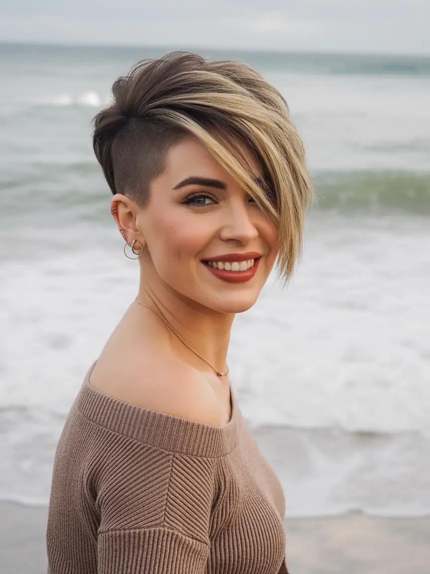 Trendy asymmetrical pixie haircuts 2026 Bold Undercut Pixie With Long Side Fringe And High Contrast Highlights