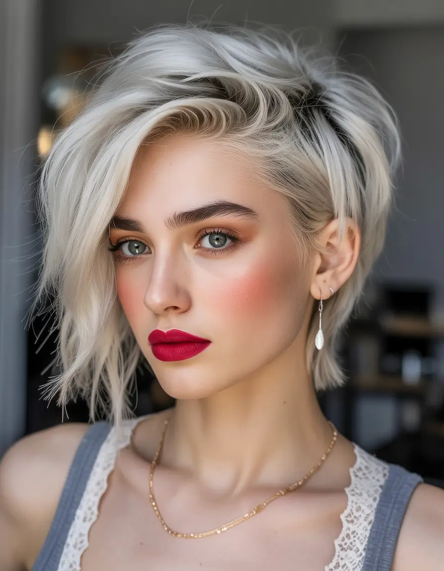 Trendy asymmetrical pixie haircuts 2026 Platinum Asymmetrical Pixie Bob With Long Movement