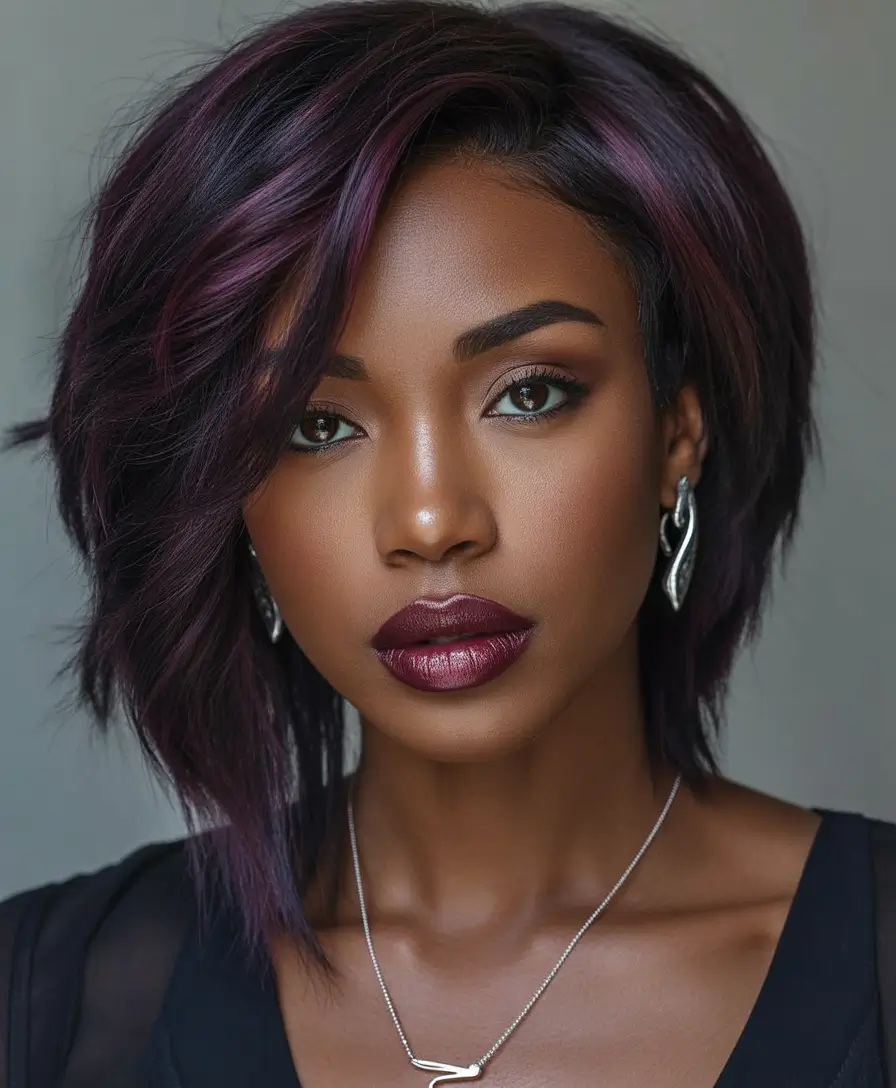 Trendy asymmetrical pixie haircuts 2026 Deep Violet Asymmetrical Bob Pixie Blend