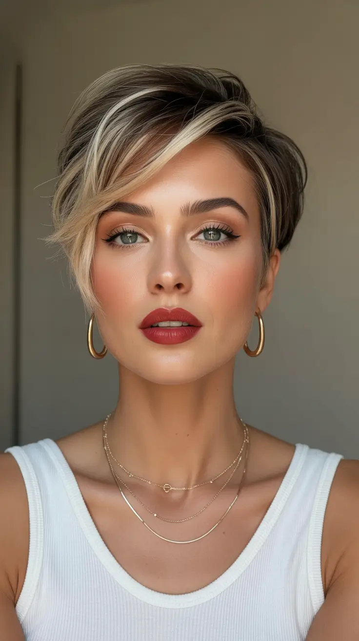 Trendy asymmetrical pixie haircuts 2026 Honey Blonde Asymmetrical Pixie With Soft Face Framing