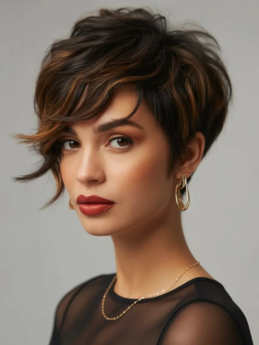 Trendy asymmetrical pixie haircuts 2026 Rich Brunette Pixie With Caramel Flicks