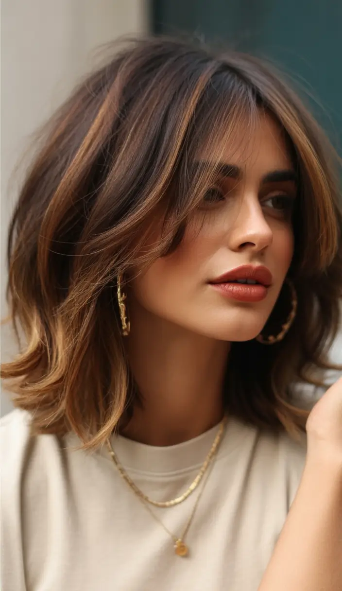 Trendy lob haircuts 2026 Warm brunette lob with soft contour layers