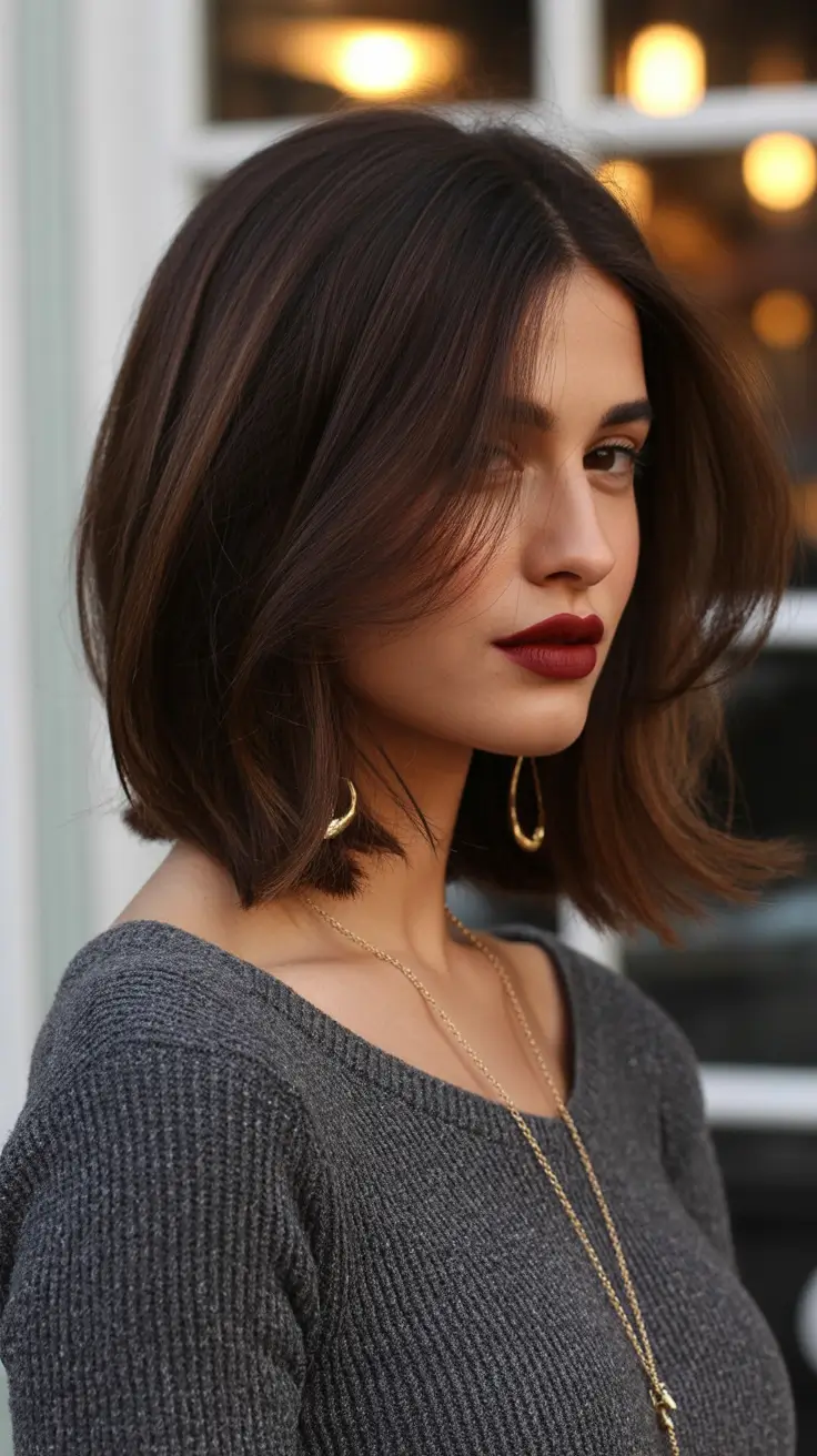 Trendy lob haircuts 2026 Classic brunette lob with natural volume and soft contour