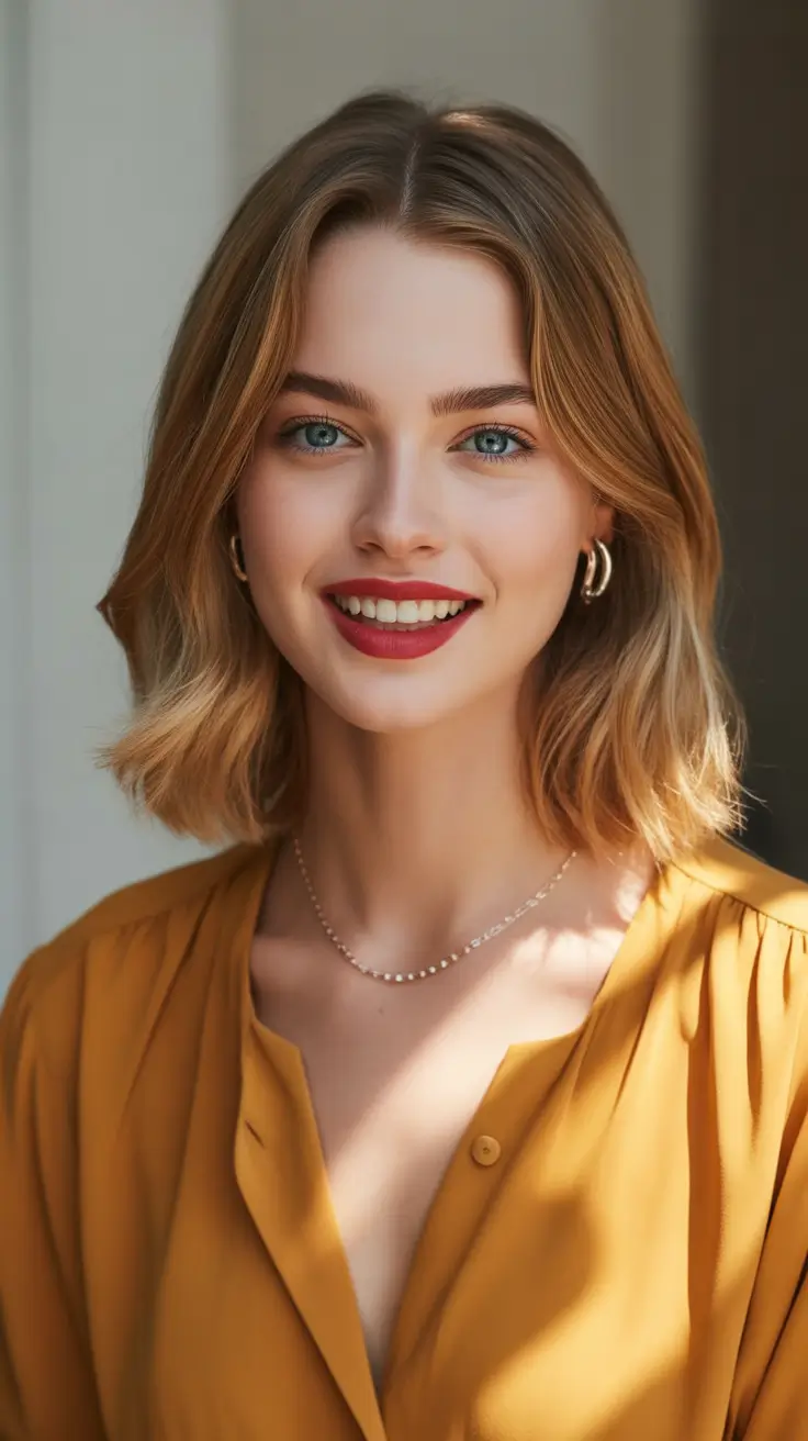 Trendy lob haircuts 2026 Golden warm lob with natural texture and clean simplicity