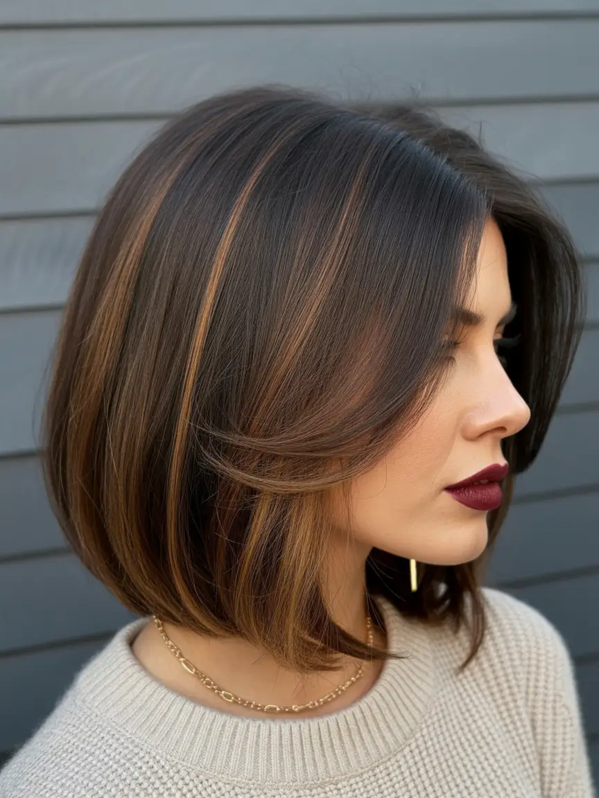 Trendy lob haircuts 2026 Brunette bob lob hybrid with soft layering and warm lights
