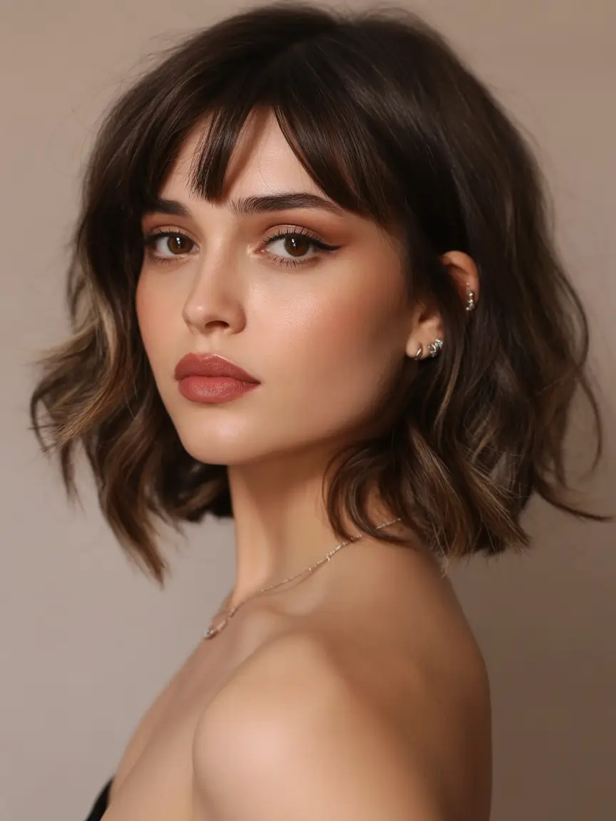 Trendy lob haircuts 2026 Textured lob with curtain bangs and tousled movement