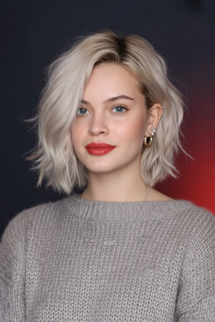 Trendy lob haircuts 2026 Platinum choppy lob with cool toned dimension