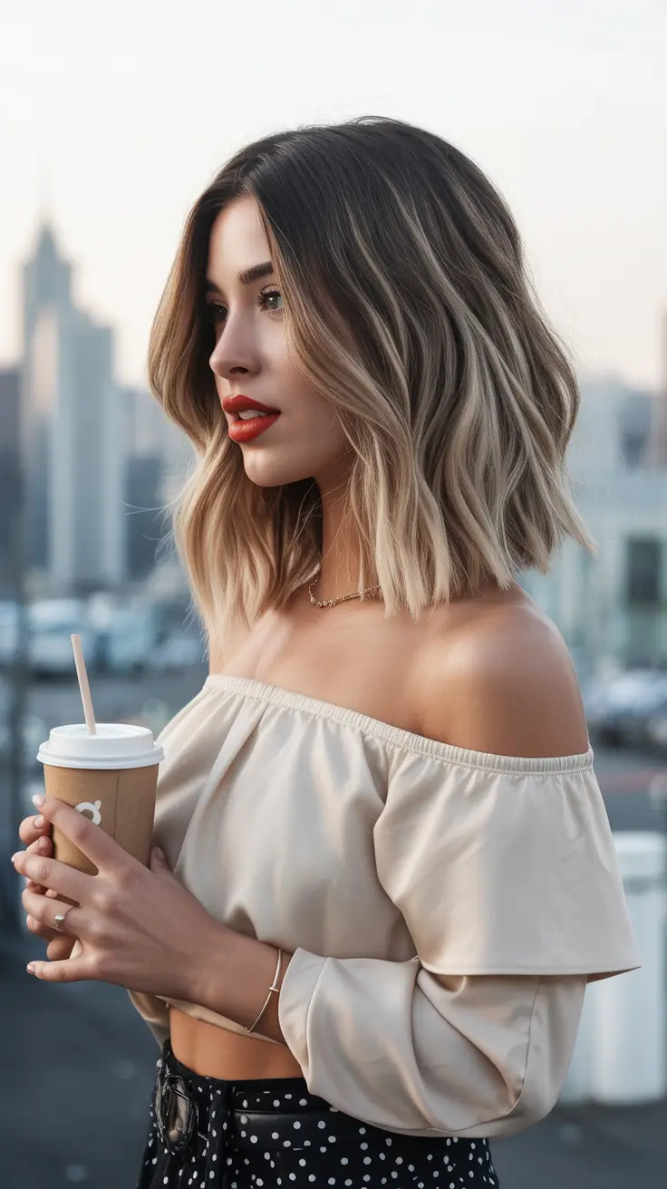 Trendy lob haircuts 2026 Blended blonde wavy lob with soft sunlit contrast