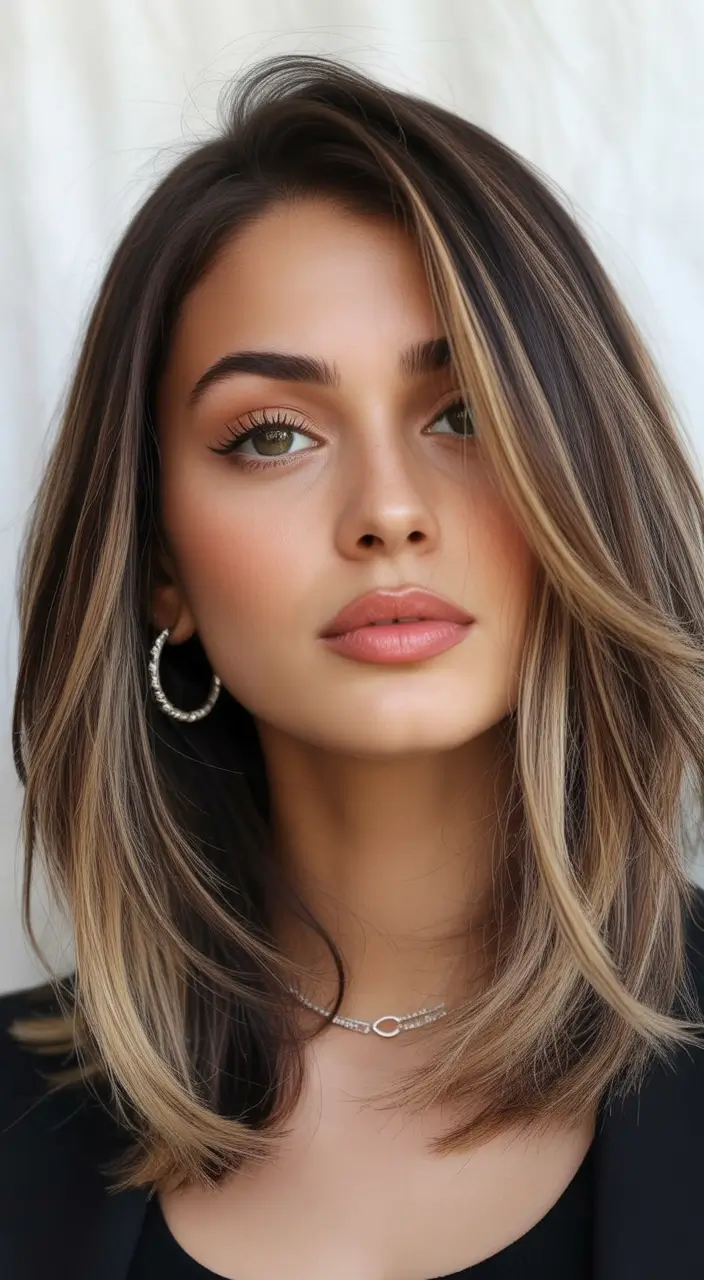 Trendy lob haircuts 2026 Brunette lob with seamless highlights and silky layered contour