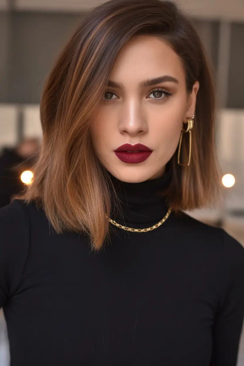 Trendy lob haircuts 2026 Rich brunette lob with side sweep and bold contrast