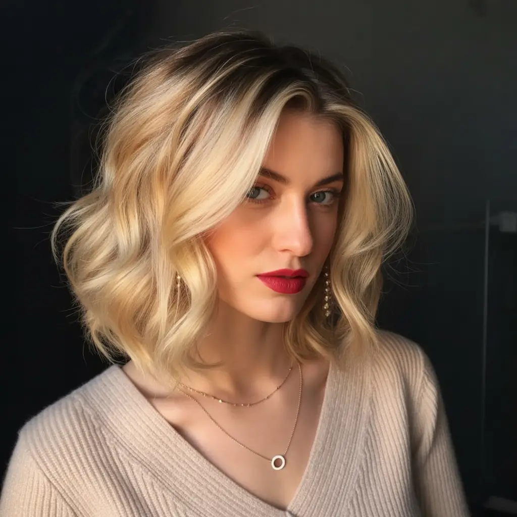 Trendy lob haircuts 2026 Voluminous wavy blonde lob with soft glamour bend