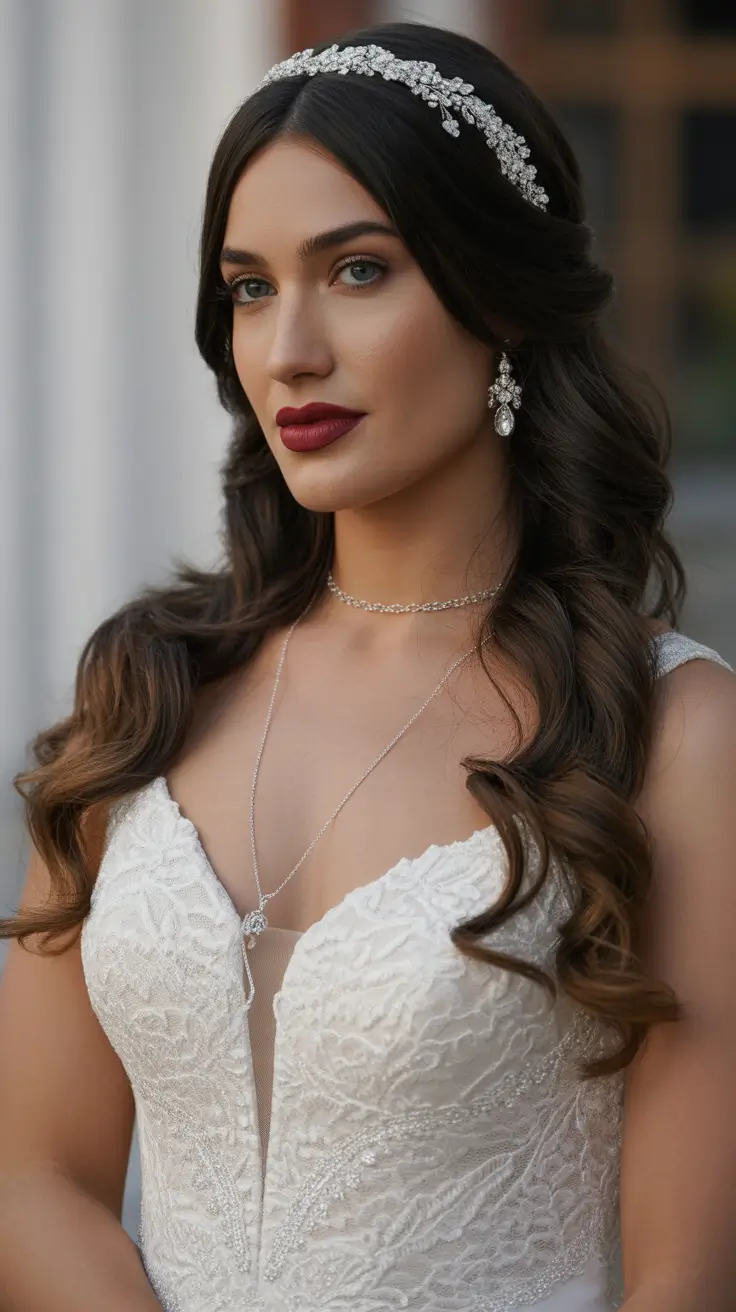 Wedding hairstyle Soft Waves With Crystal Headband
