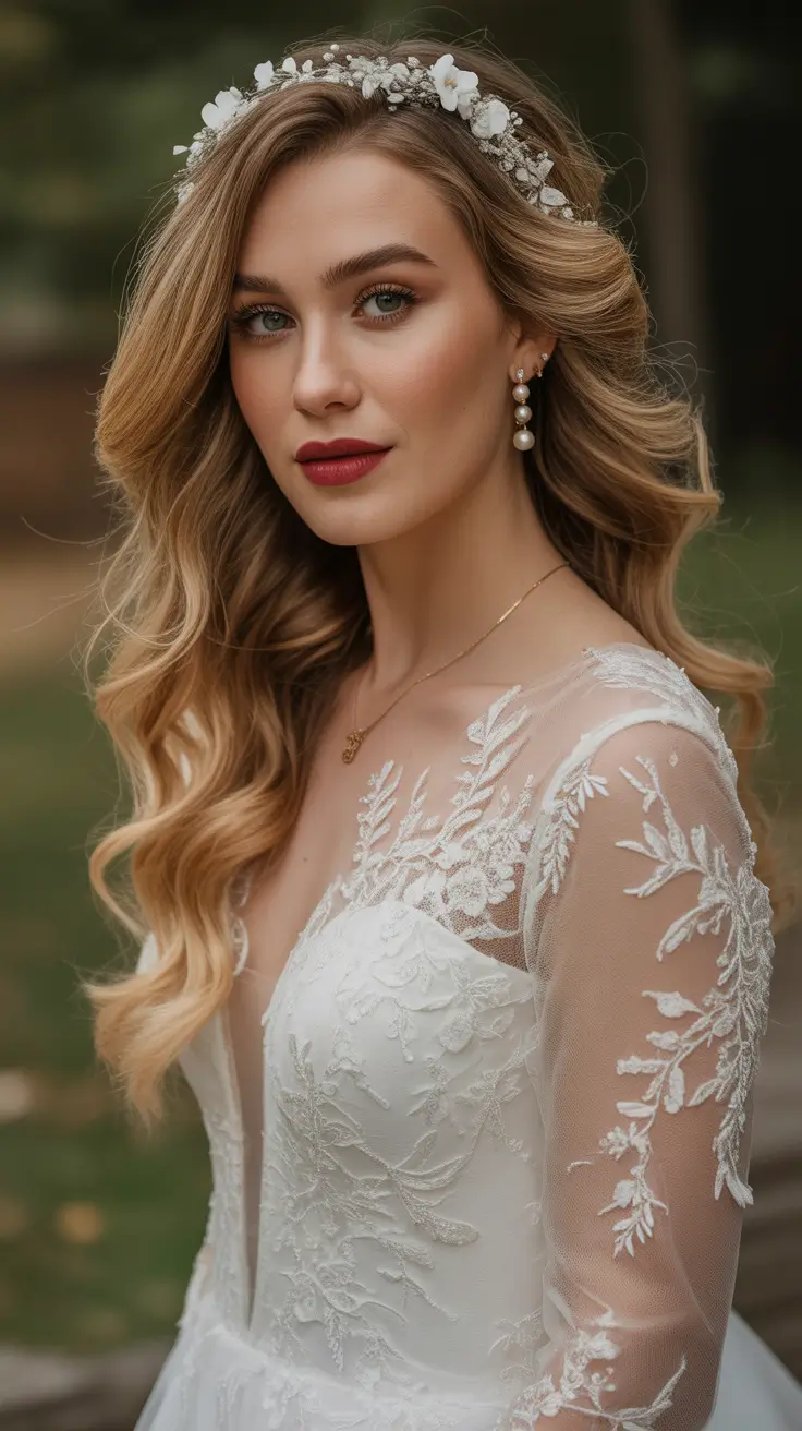 Wedding hairstyle Loose Waves With Floral Crown