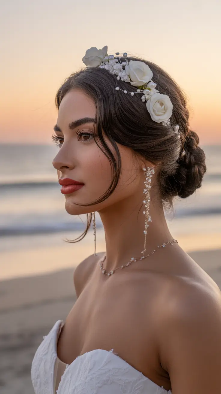 Wedding hairstyle Beach Low Bun With Floral Accents