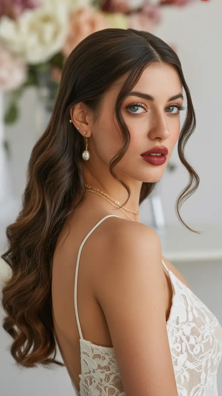 Wedding hairstyle Soft Half Up Waves With Romantic Finish