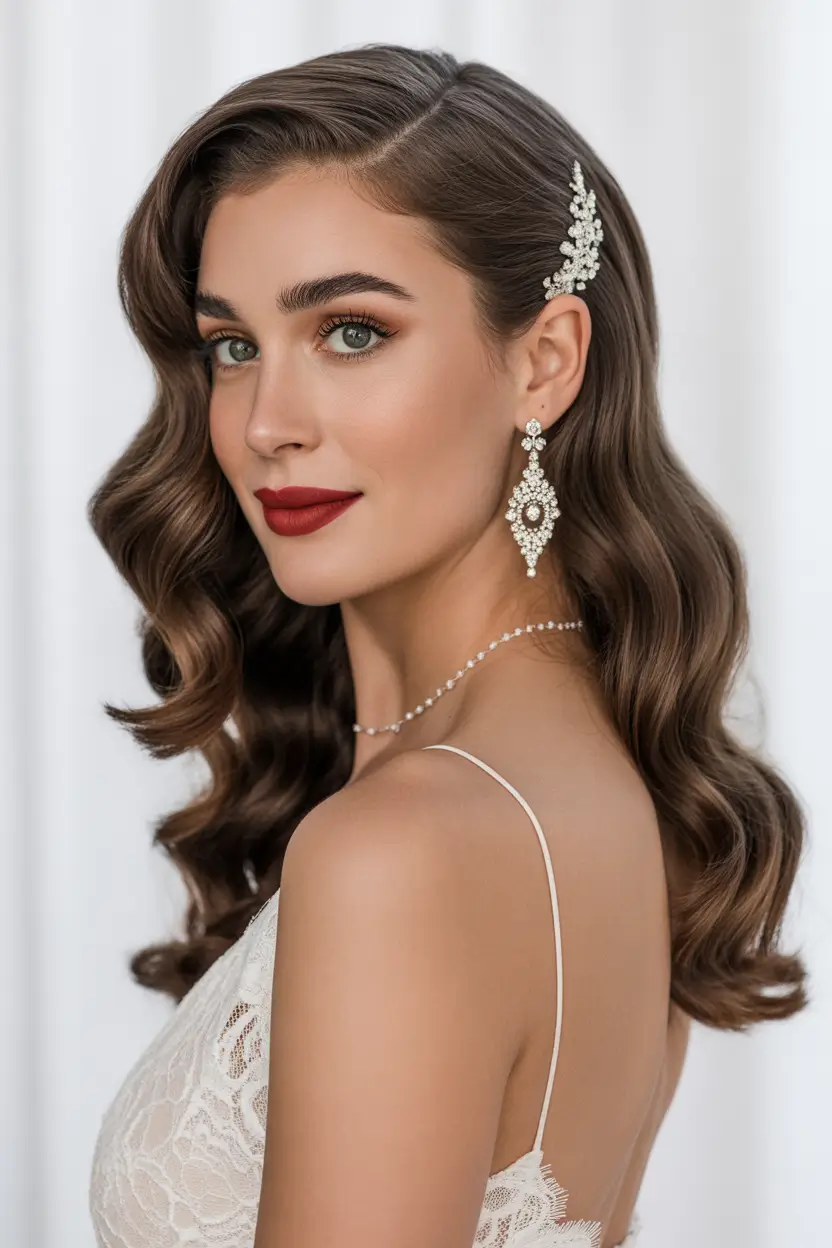 Wedding hairstyle Side Parted Waves With Statement Hair Clip