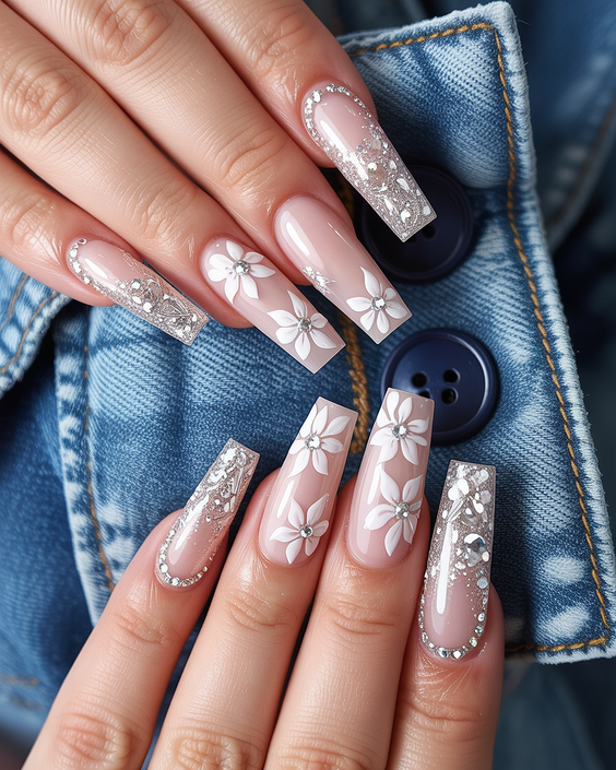 wedding nails for bride Soft Floral Elegance with Crystal Accents