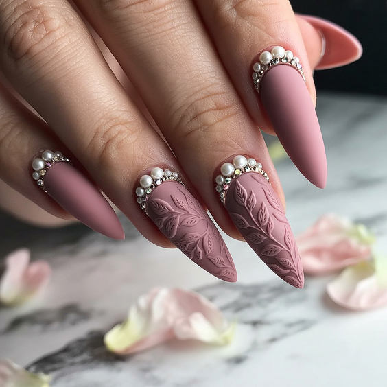 wedding nails for bride Dusty Rose Almond Nails with Pearl-Framed Cuticles